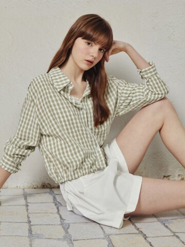 스트링 체크 셔츠 블라우스 