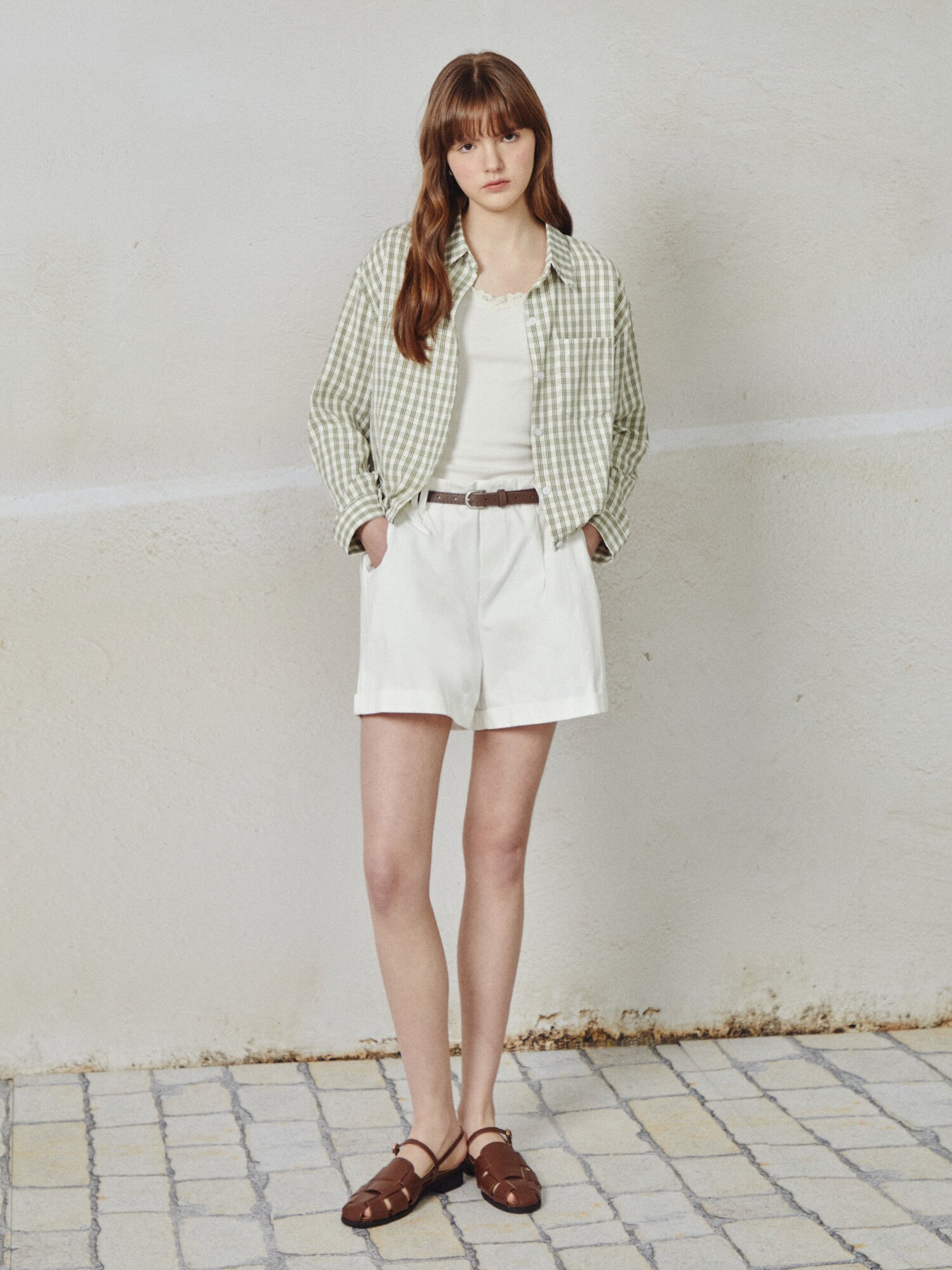 스트링 체크 셔츠 블라우스 (KHAKI)