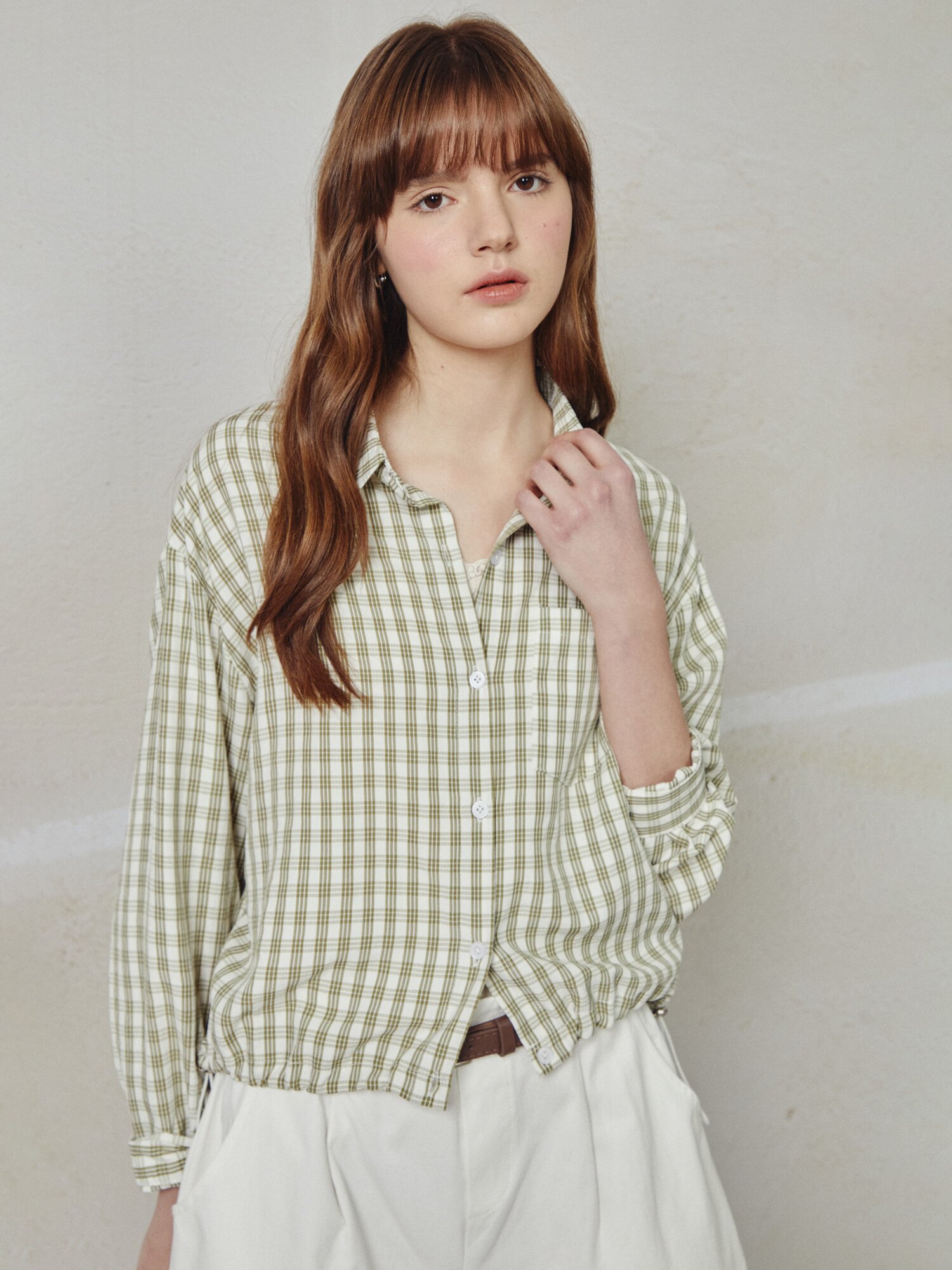 스트링 체크 셔츠 블라우스 (KHAKI)