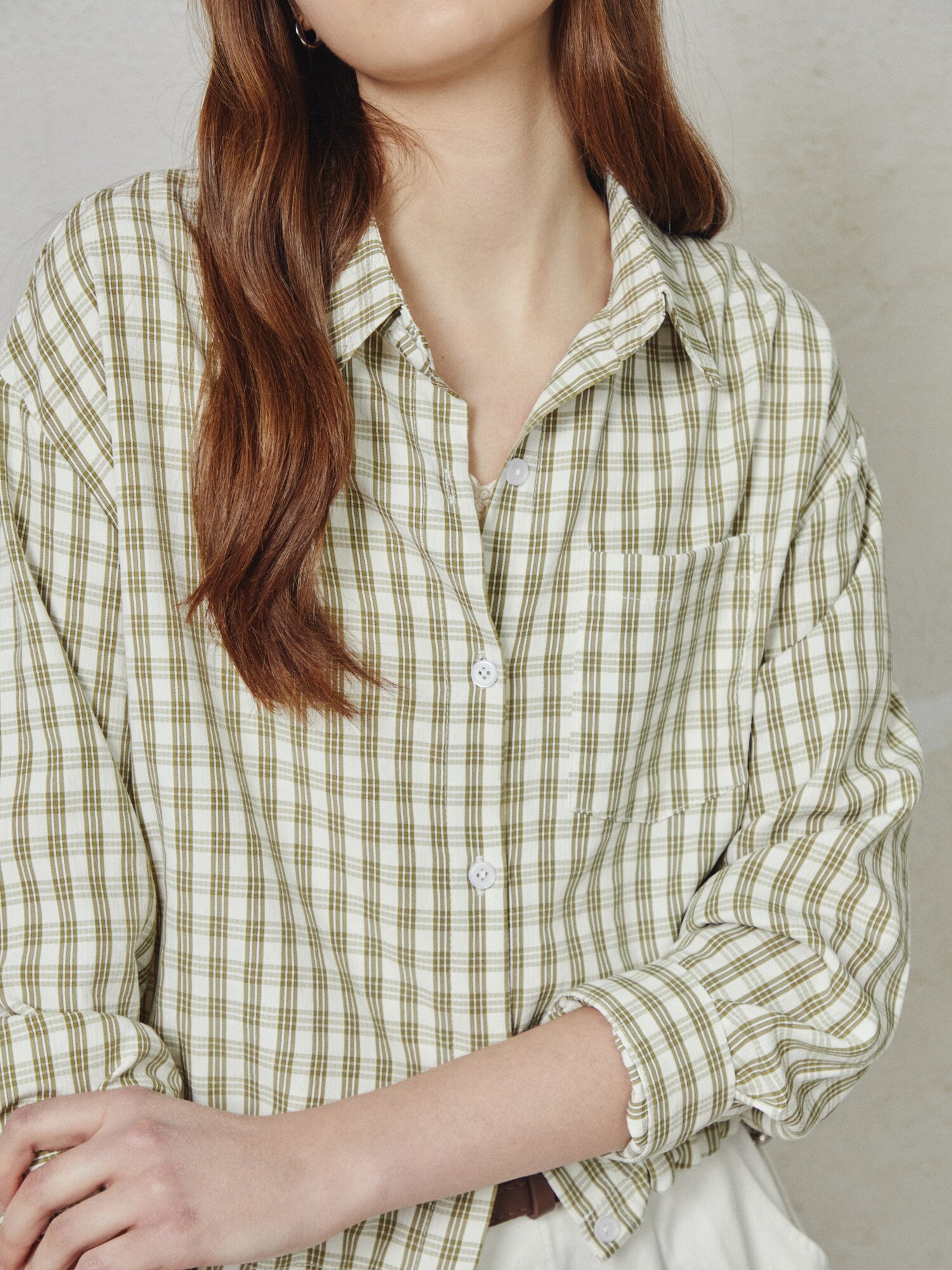 스트링 체크 셔츠 블라우스 (KHAKI)