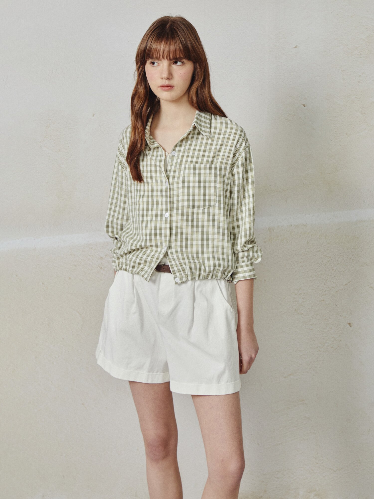 스트링 체크 셔츠 블라우스 (KHAKI)