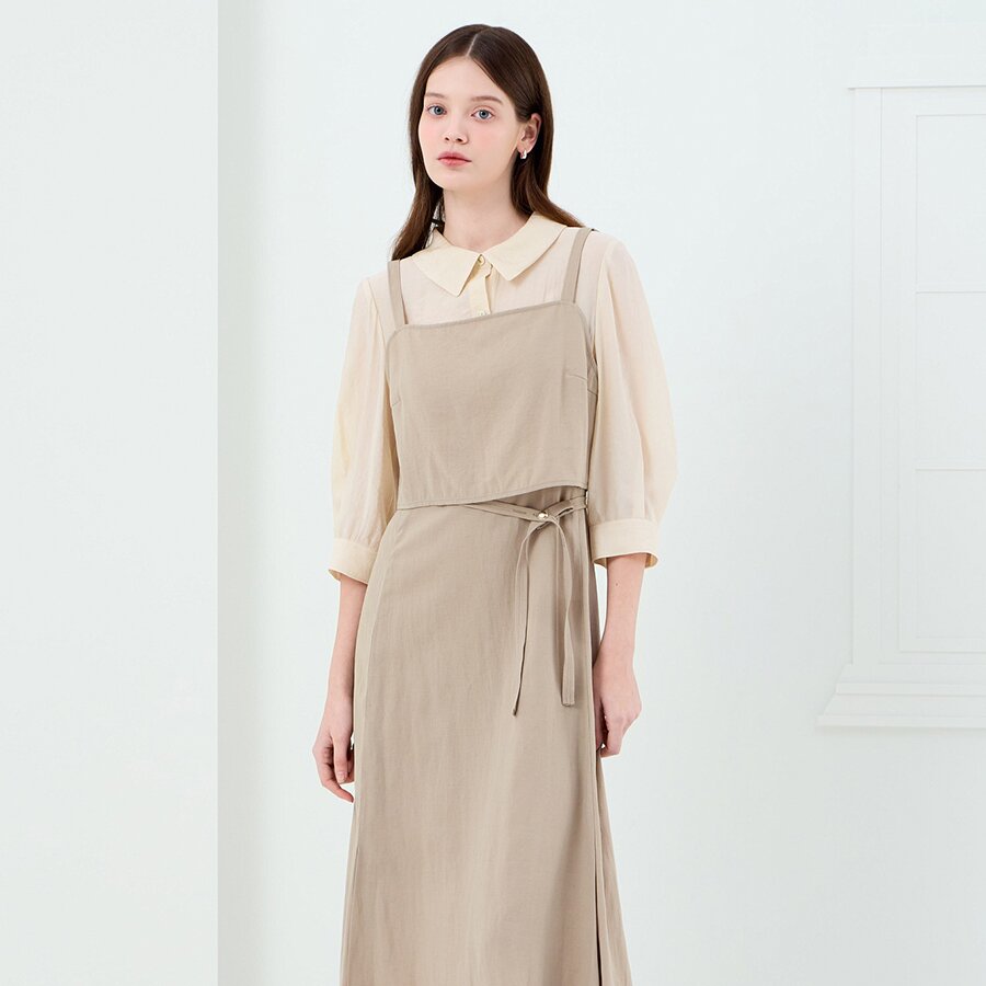 리본 라운드 칼라 플레어 원피스 (LIGHT BEIGE)