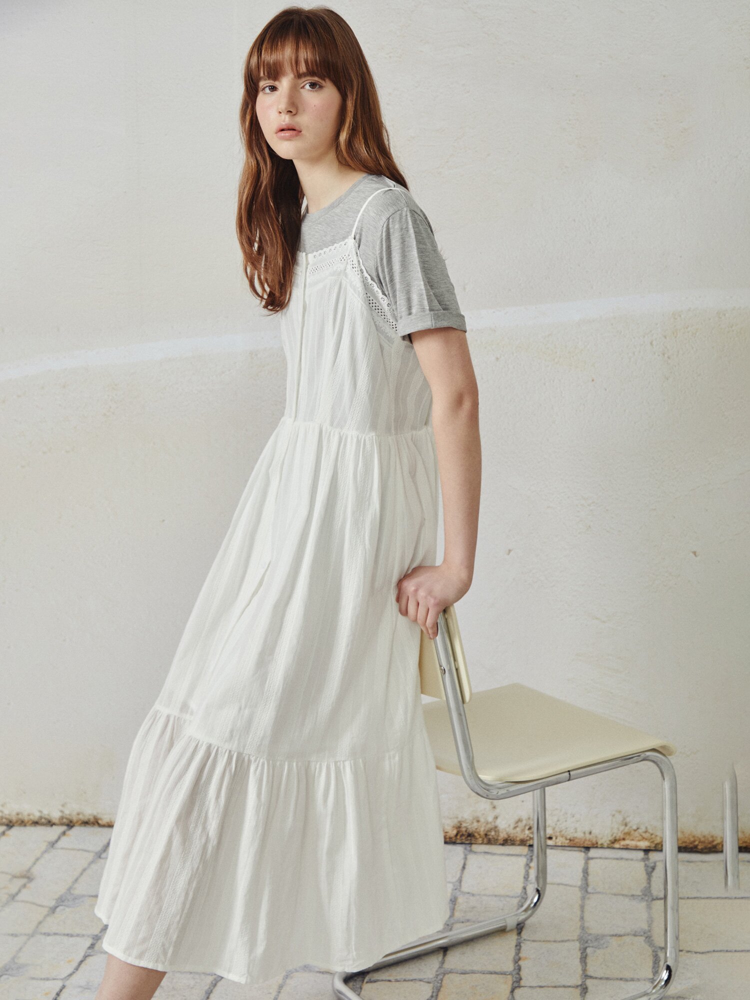 레이스 자카드 슬리브리스 원피스 (WHITE)