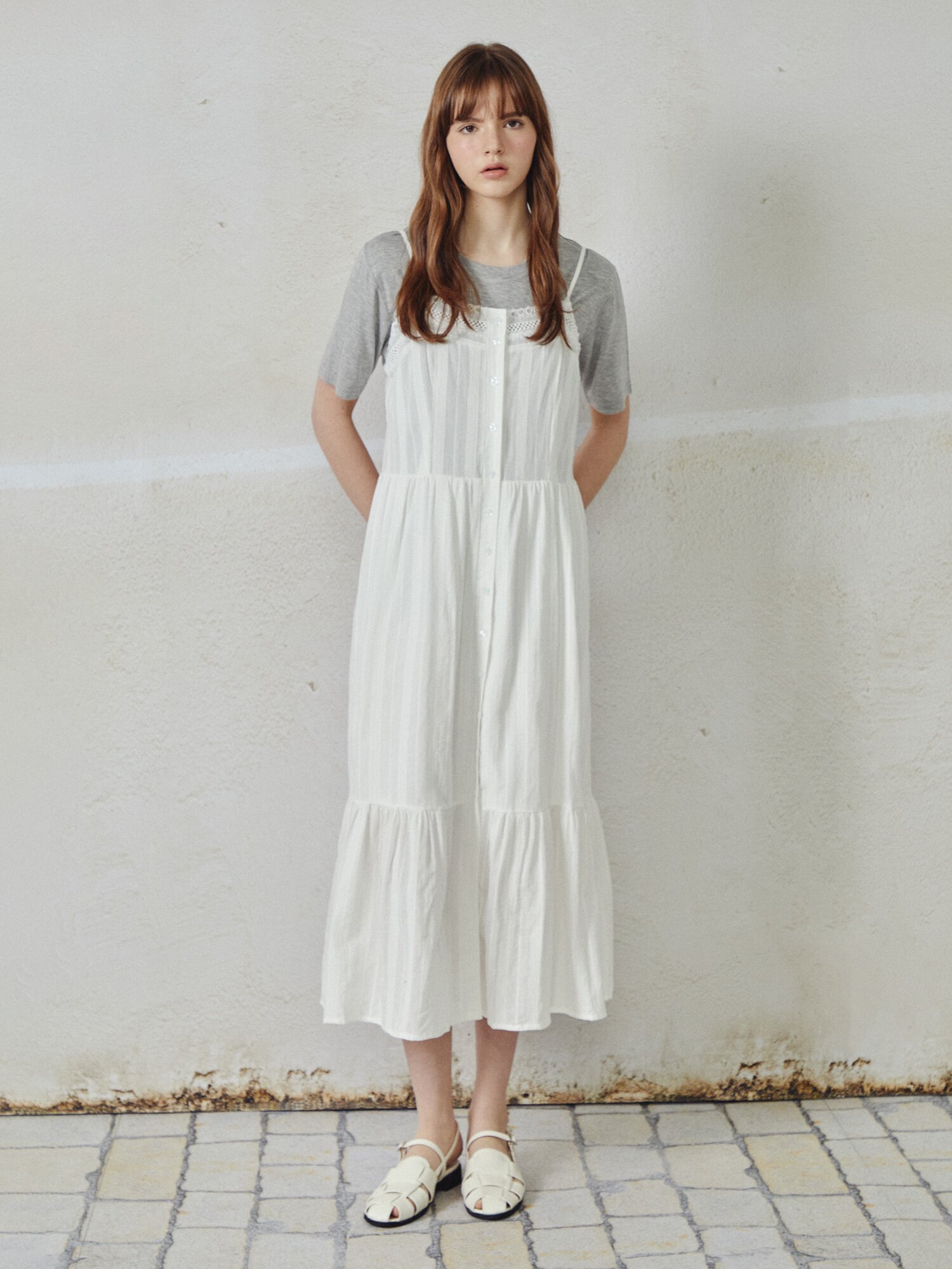 레이스 자카드 슬리브리스 원피스 (WHITE)