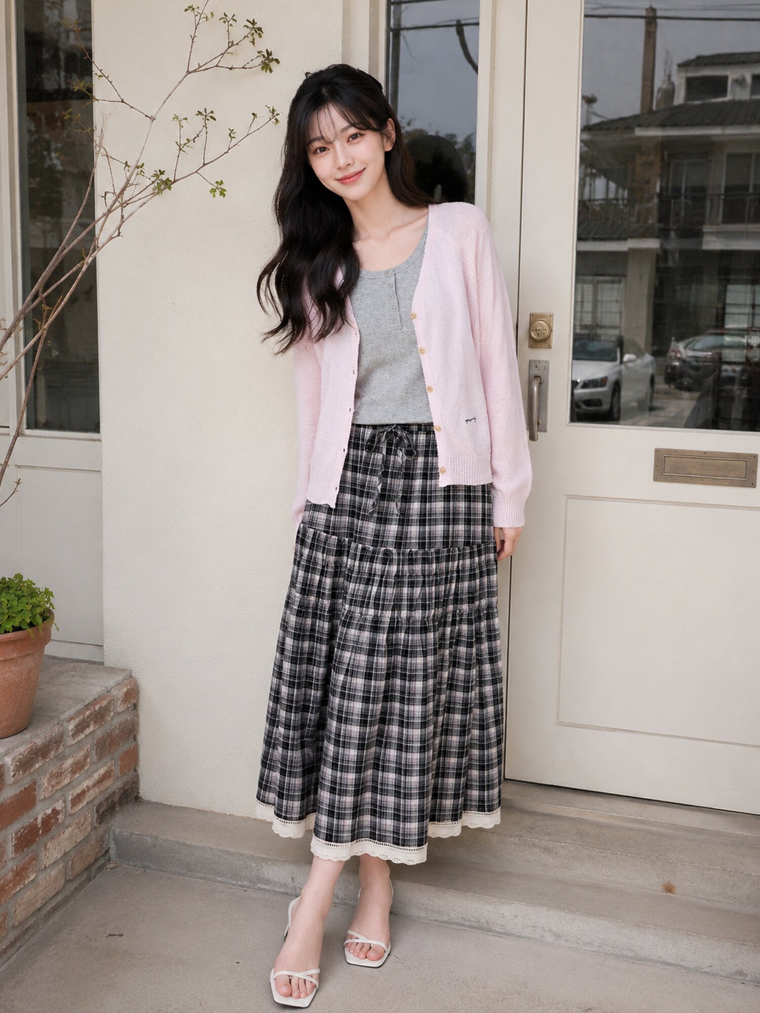 부클 레터링 자수 브이넥 가디건 (PINK)