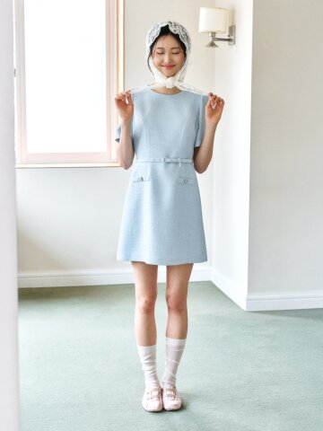 트위드 퍼프 슬리브 A라인 원피스 