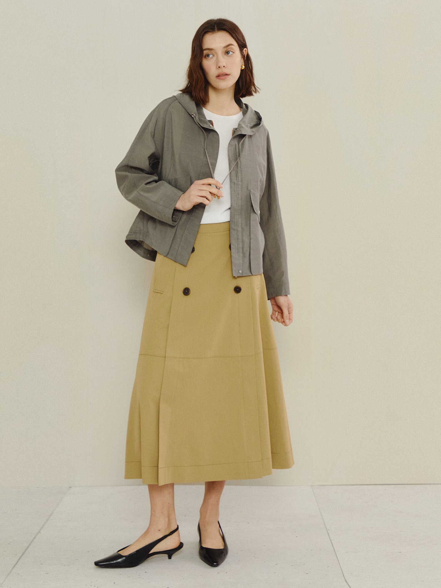 트렌치 더블 버튼 미디 스커트 (KHAKI BEIGE)