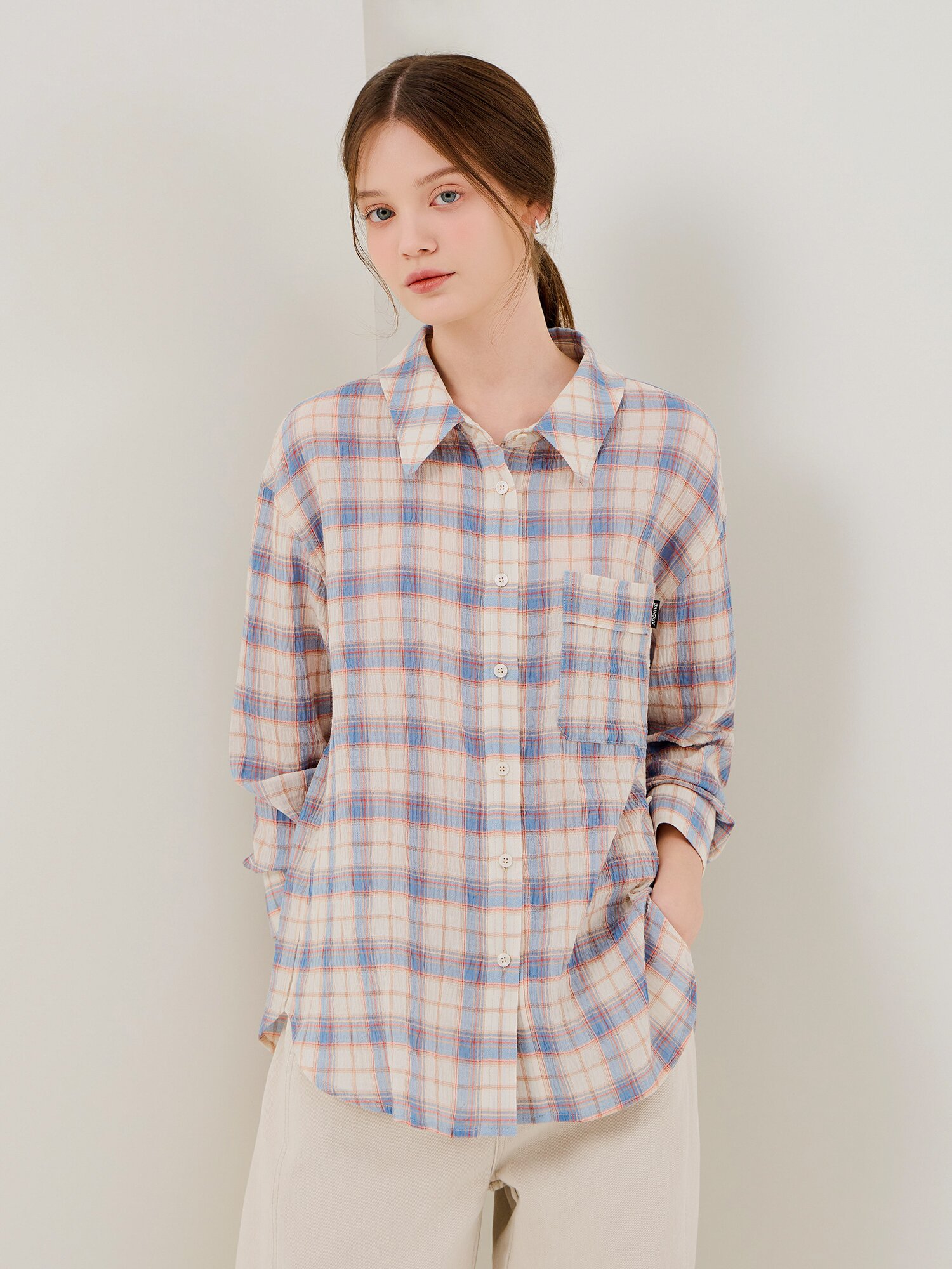 루즈핏 링클 체크 포켓 블라우스 (CHECK BLUE)
