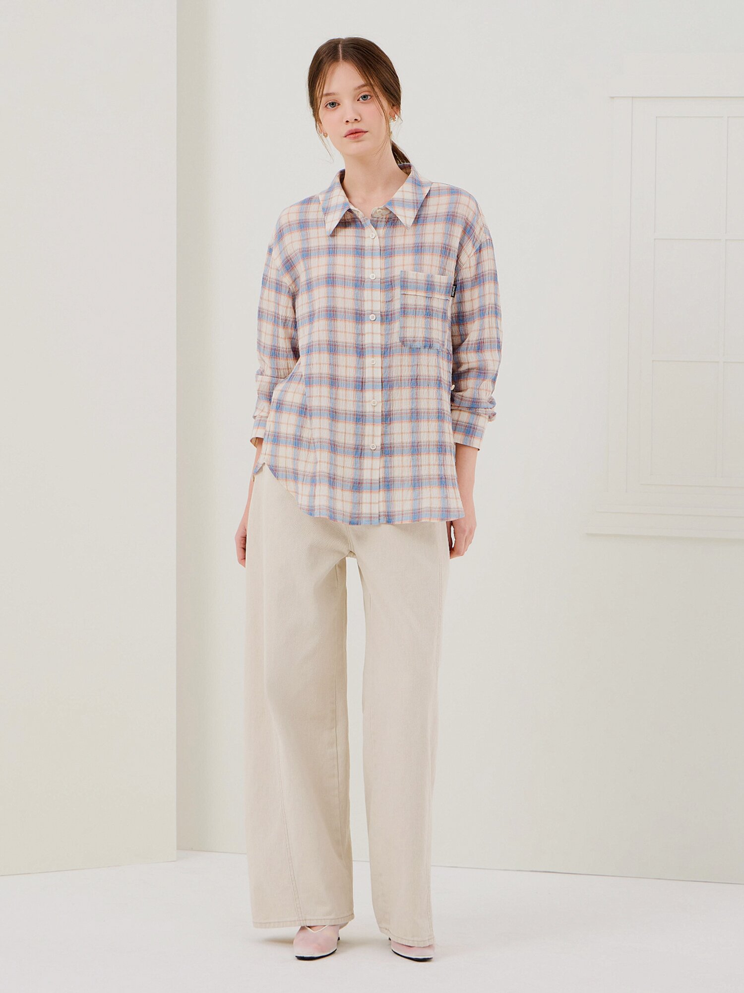 루즈핏 링클 체크 포켓 블라우스 (CHECK BLUE)