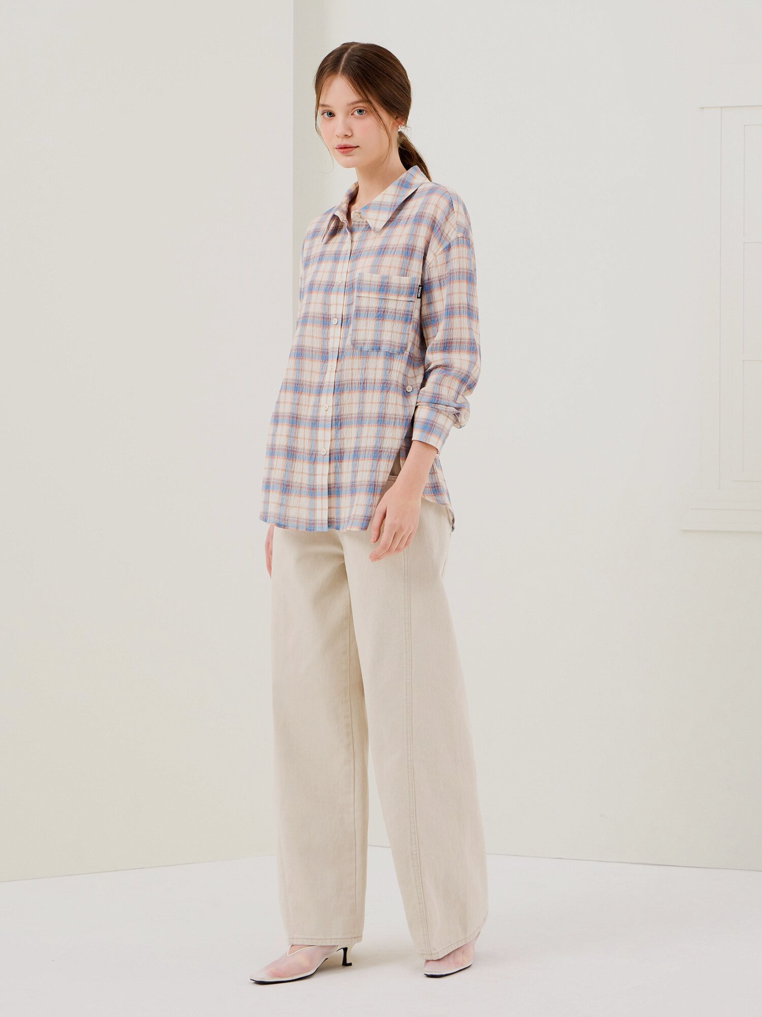 루즈핏 링클 체크 포켓 블라우스 (CHECK BLUE)