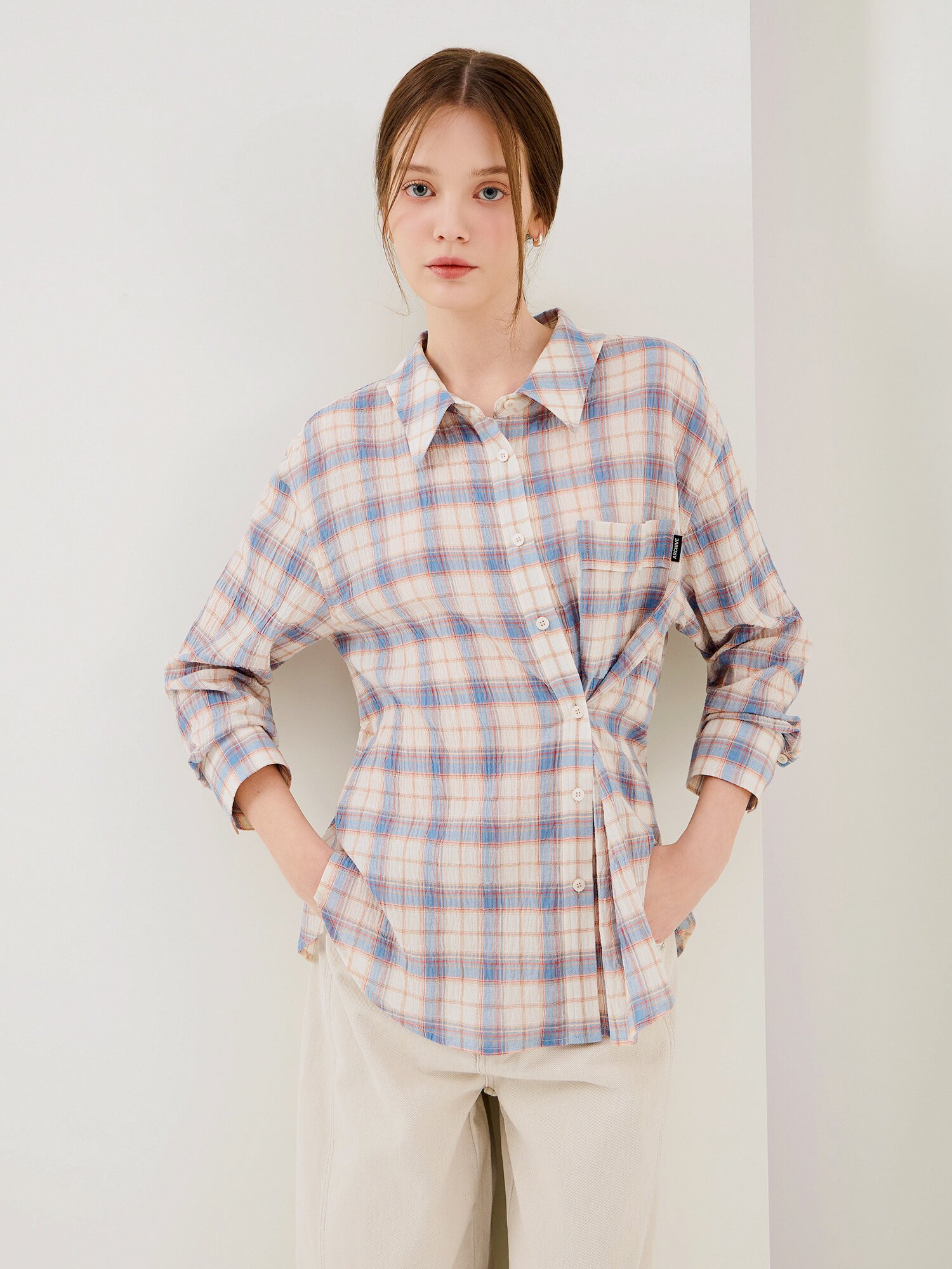 루즈핏 링클 체크 포켓 블라우스 (CHECK BLUE)