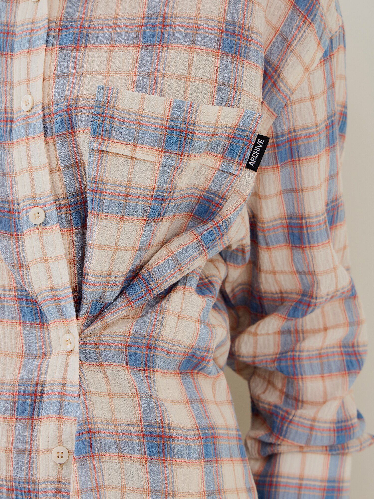 루즈핏 링클 체크 포켓 블라우스 (CHECK BLUE)