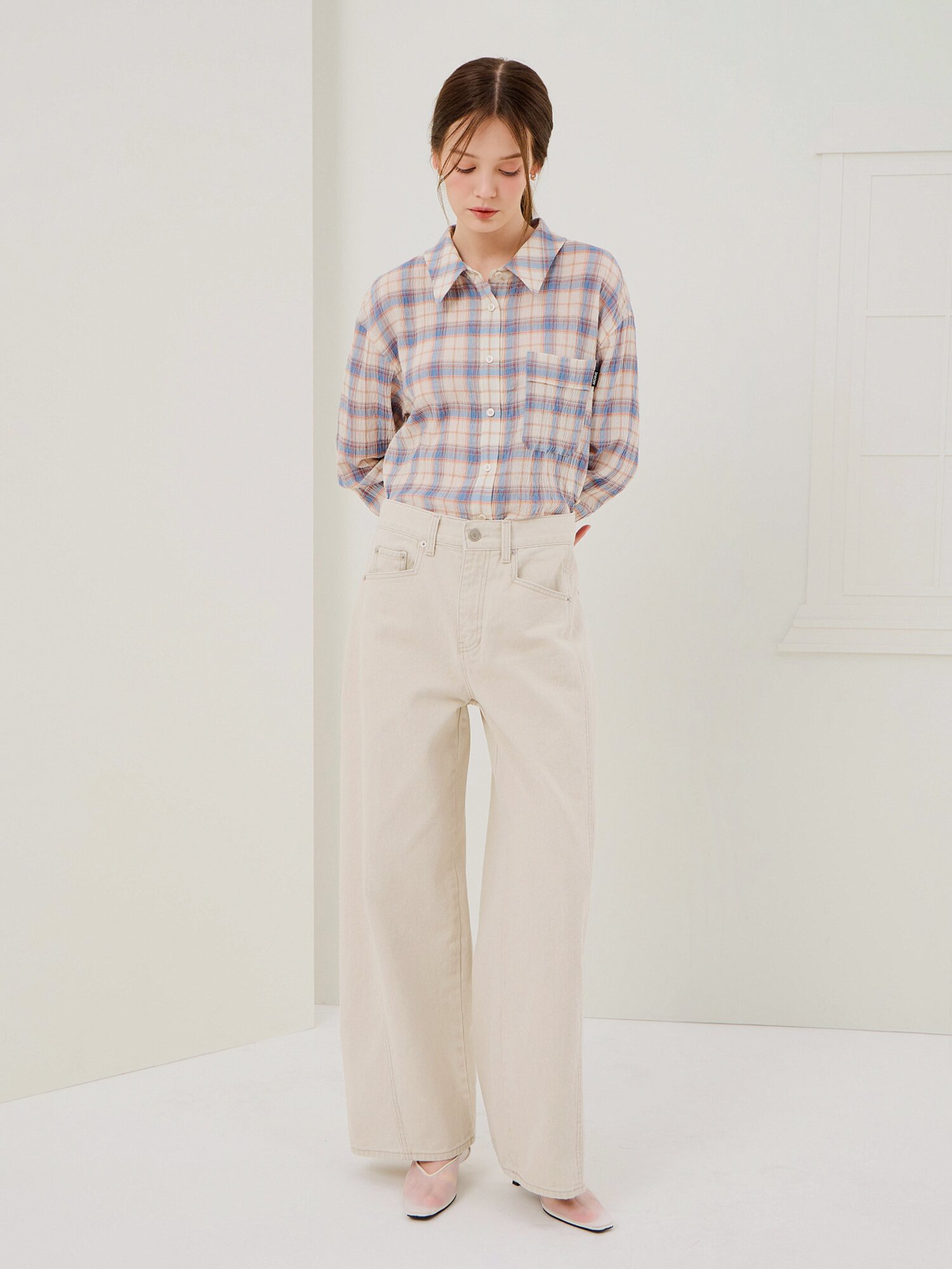 루즈핏 링클 체크 포켓 블라우스 (CHECK BLUE)