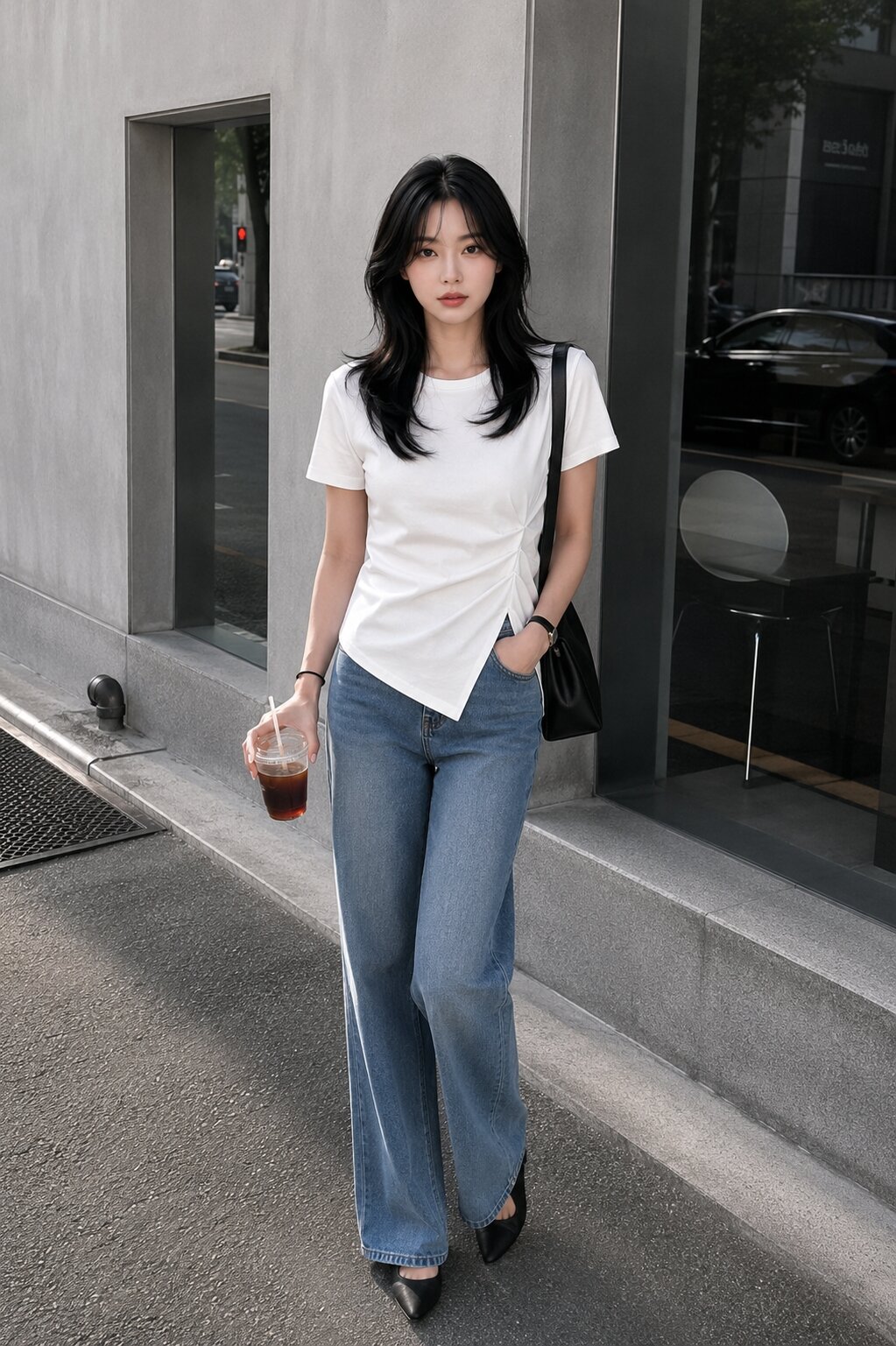 언밸런스 셔링 라운드넥 티셔츠 (IVORY)