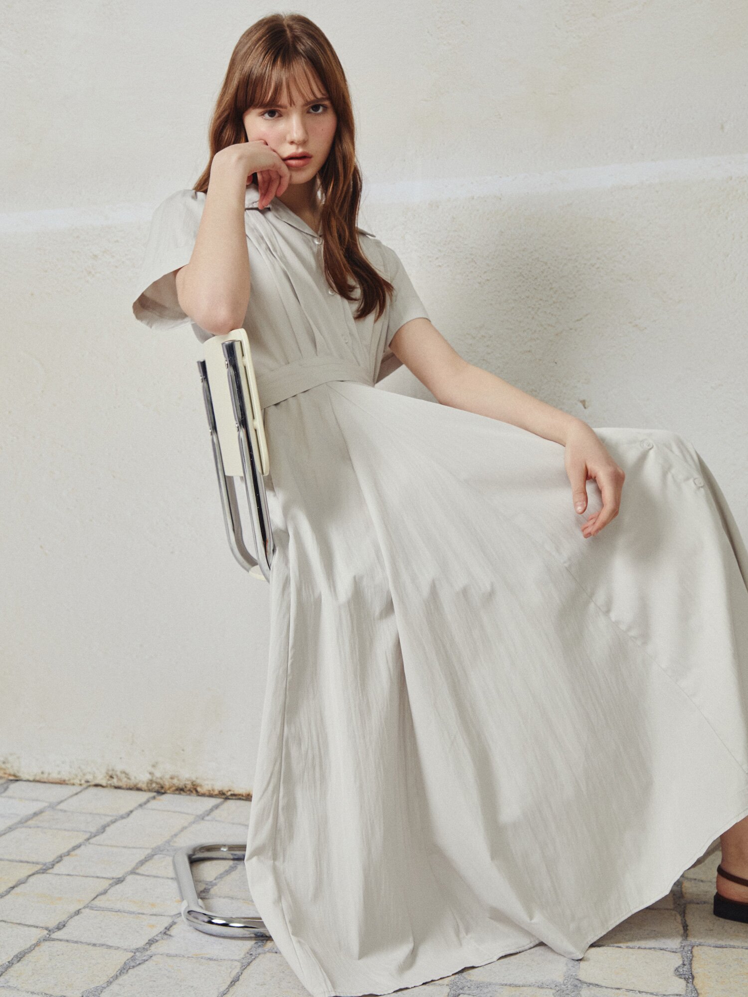 오픈칼라 벨티드 롱 원피스 (BEIGE)