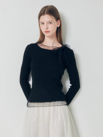 골지 튤 배색 리본 풀오버 니트 