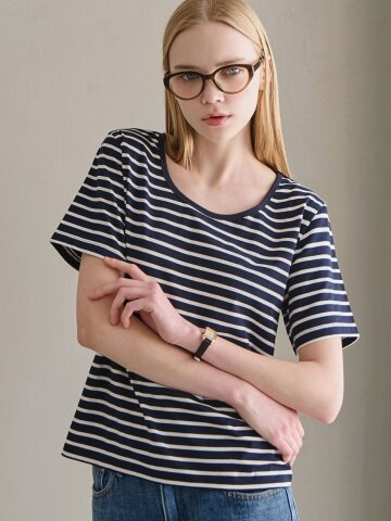 베이직 스트라이프 반팔 티셔츠 - 네이비