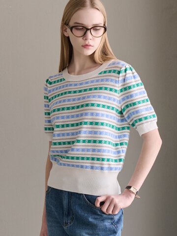 자가드 스트라이프 반팔 니트_3 Colors