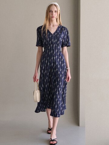 드로잉 패턴 원피스 - 네이비