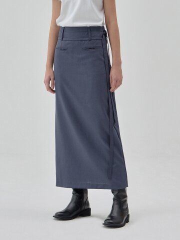 WOOL FRONT POCKET BELT LONG SKIRT BLUE R6