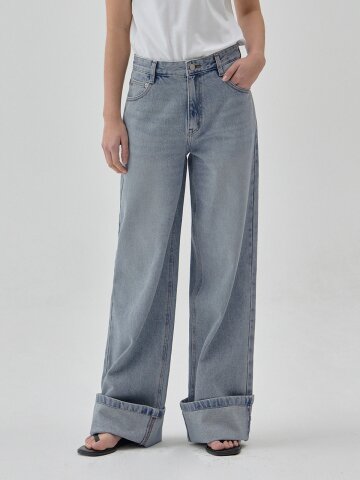 DENIM LOOSE ROLL UP WIDE PANTS L BLUE R6