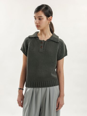 WD_Short sleeve collar knit top_CHARCOAL