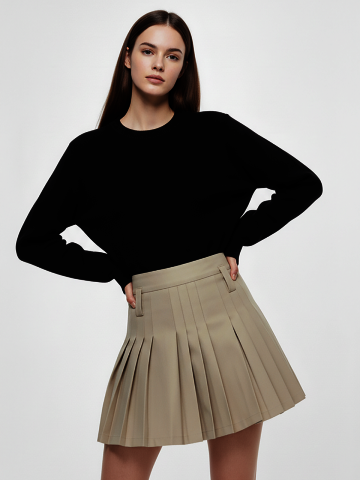 클래식 프레피 박스 플리츠 스커트 (차콜,베이지)/W261SK03