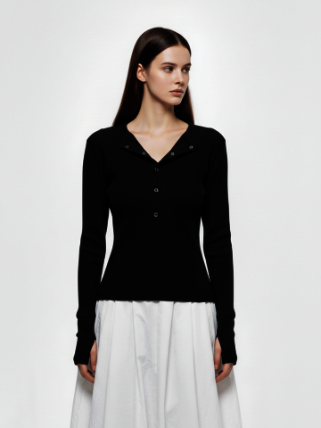 슬릿 핑거홀 오픈 버튼 넥 시스루 니트(블랙,그레이)/W261TP02