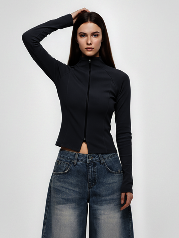 슬림피트 슬릿 하이넥 크롭 집업 (블랙,차콜)/W261TP06