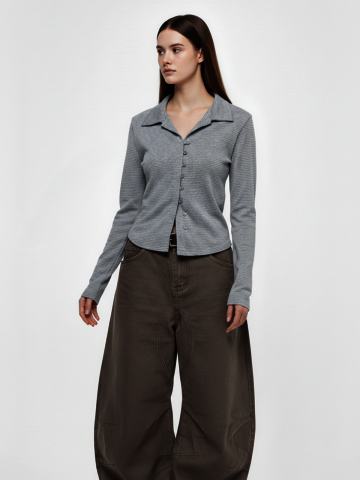 오픈 카라넥 스트라이프 크롭 셔츠(그레이)/W261TP07