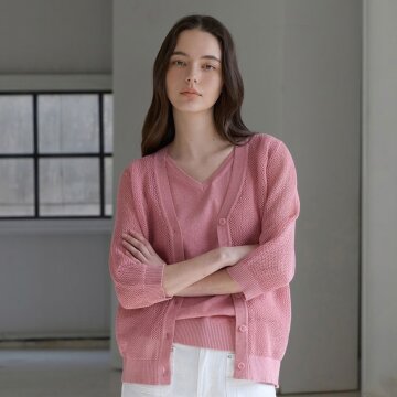 코튼 블렌딩 크로셰 가디건 니트탑 블라우스 SET