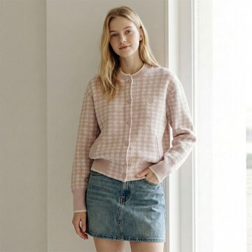 여성 울블렌디드 니팅 보머 점퍼-핑크체크 1종