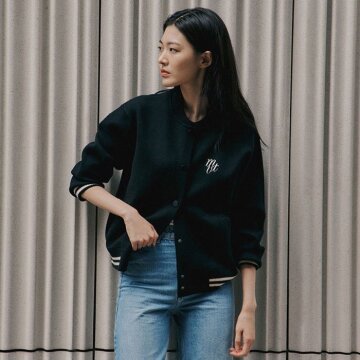 여성 울블렌디드 니팅 보머 점퍼-블랙 1종