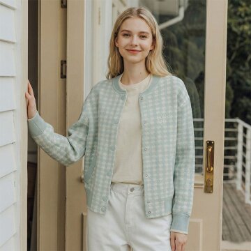 여성 울블렌디드 니팅 보머 점퍼-민트체크 1종