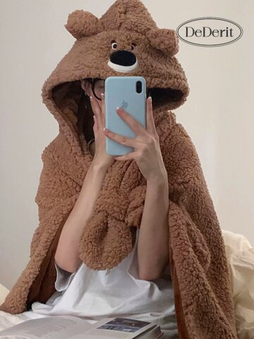 데데리트 따뜻한 겨울 귀여운 곰돌이 브라운베어 극세사 후드 담요 망토 입는 담요 블랭킷 홈웨어 집순이 집들이 생일 친구 커플 선물