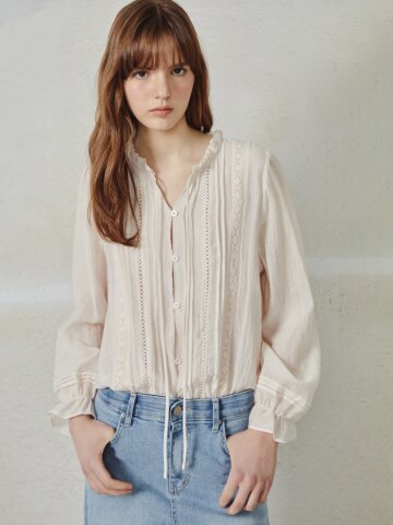 자카드 프릴넥 블라우스 