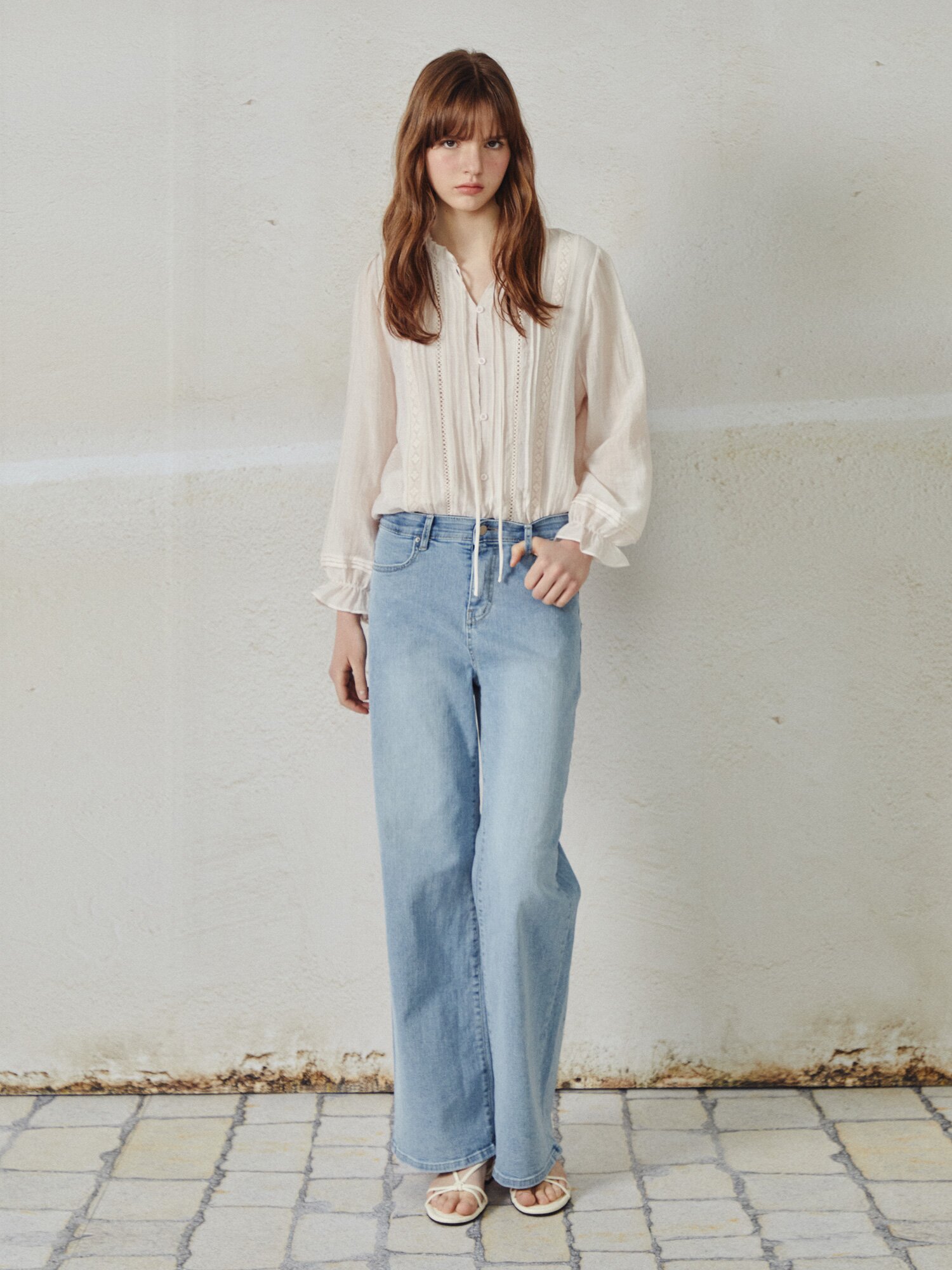 자카드 프릴넥 블라우스 (PINK)