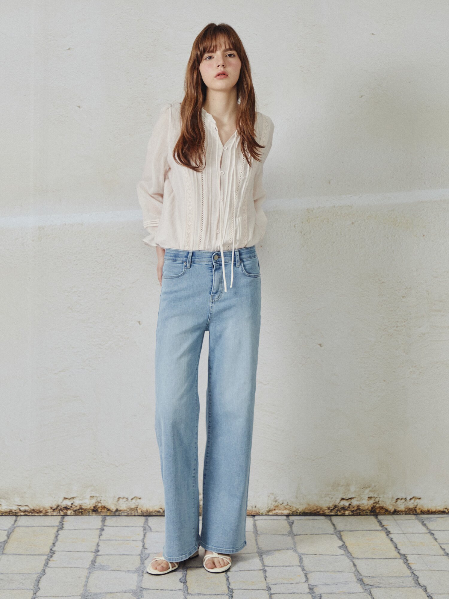 자카드 프릴넥 블라우스 (PINK)