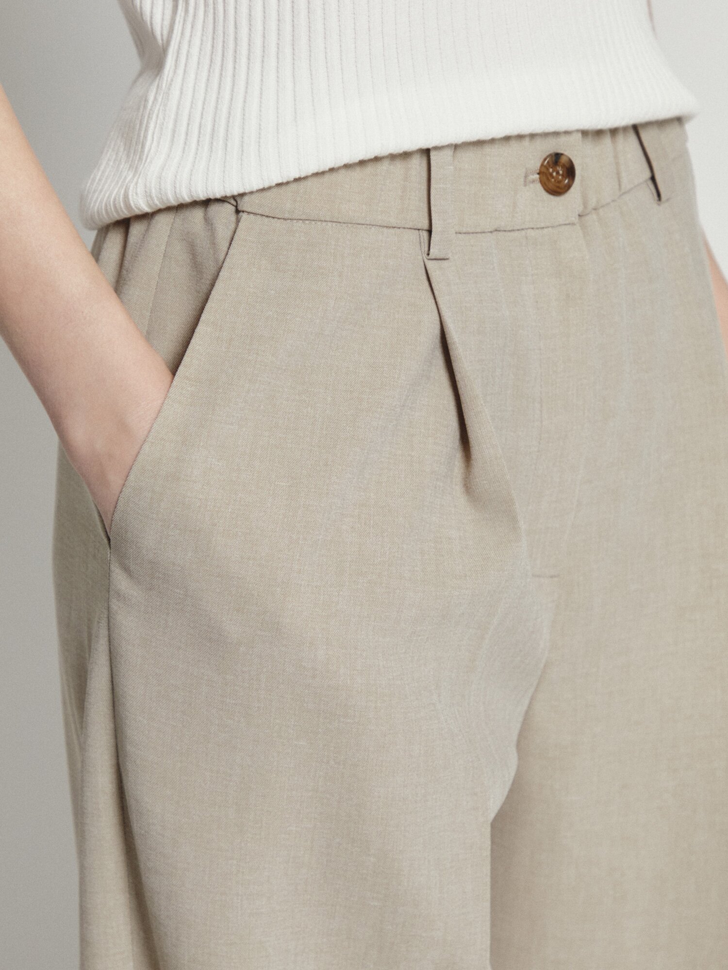 버튼 원턱 밴딩 와이드 팬츠 (BEIGE)