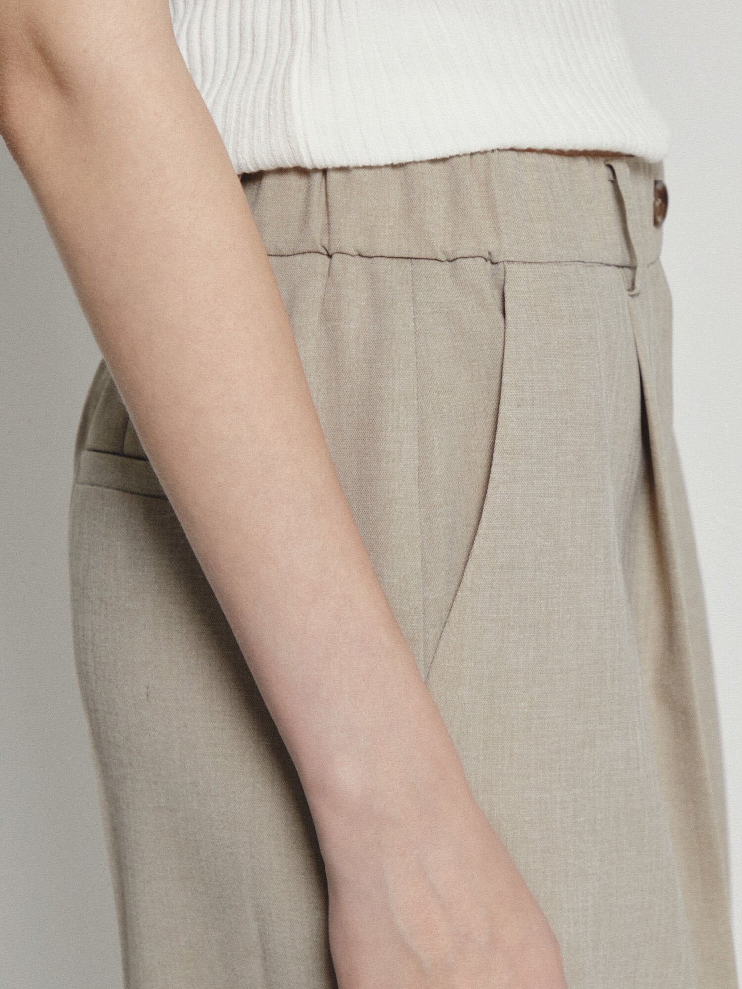 버튼 원턱 밴딩 와이드 팬츠 (BEIGE)