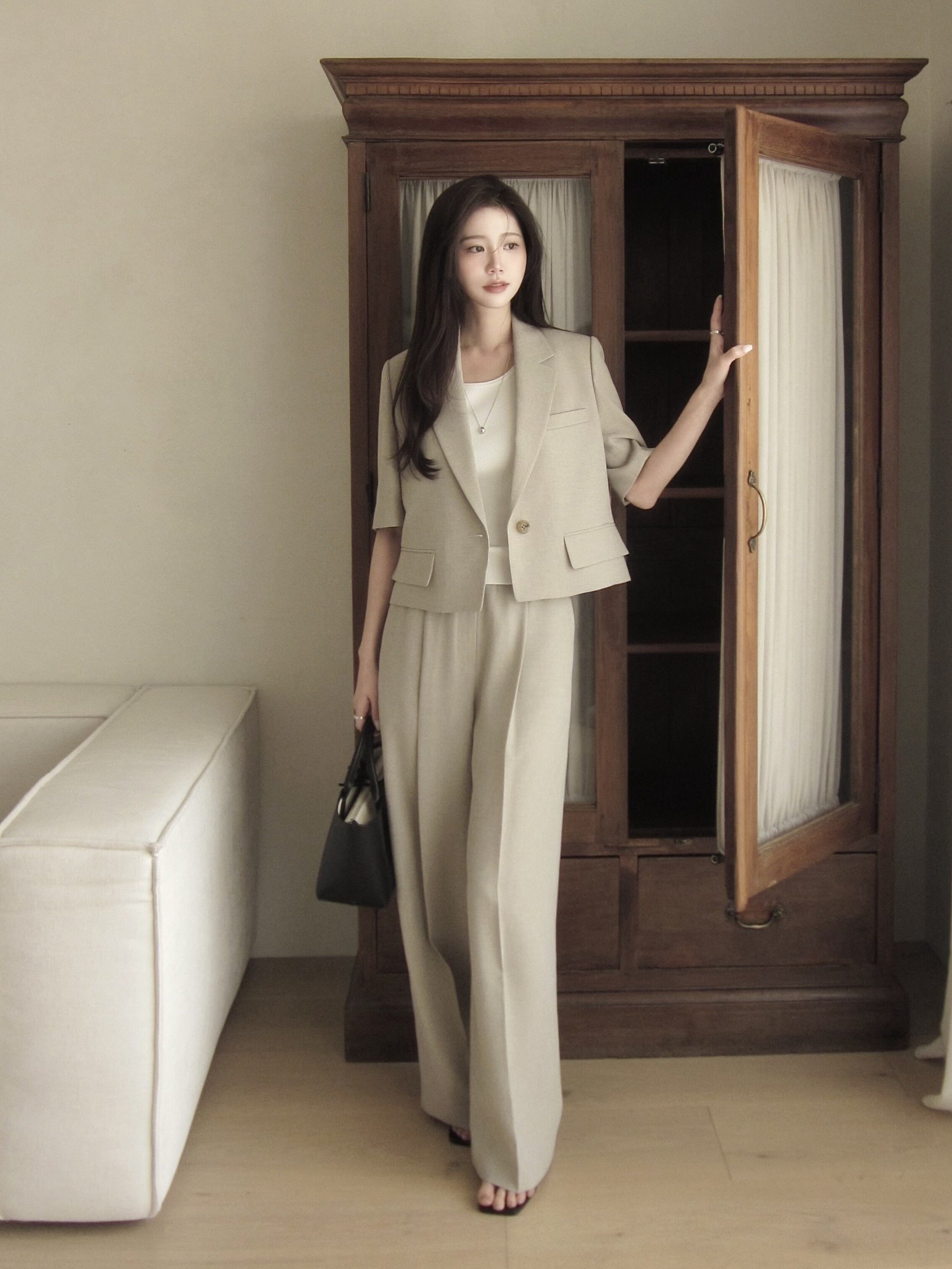 버튼 원턱 밴딩 와이드 팬츠 (BEIGE)