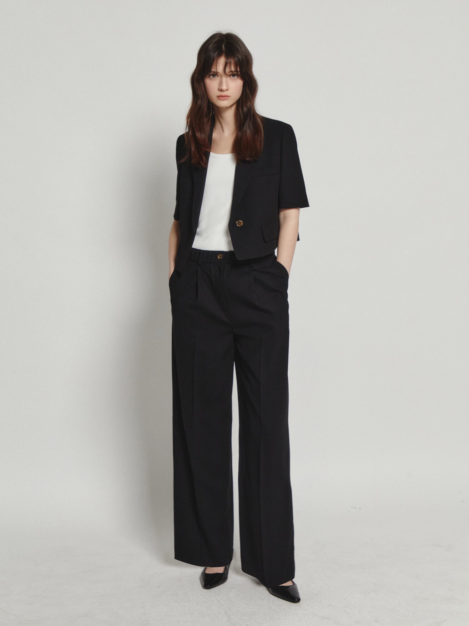 버튼 원턱 밴딩 와이드 팬츠 (BLACK)