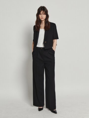 버튼 원턱 밴딩 와이드 팬츠 (BLACK)