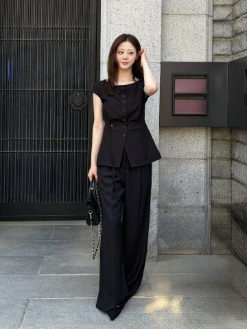 버튼 원턱 밴딩 와이드 팬츠 (BLACK)