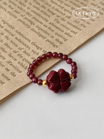 데데리트 행운 재물 네잎클로버 경면주사 반지 가넷 원석 비즈 액막이 엑세서리 부적 합격 응원 생일 친구 커플 선물