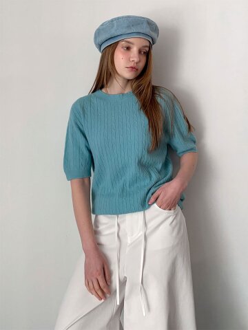 케이블 라운드 반팔 니트 (5colors)