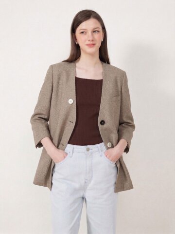 배색 버튼 7부 브이넥 재킷 