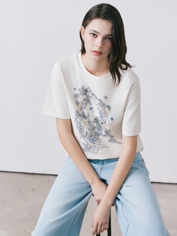 루즈핏 코튼 비딩 프린트 티셔츠 