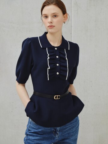 러플 플래킷 벨티드 니트 풀오버 