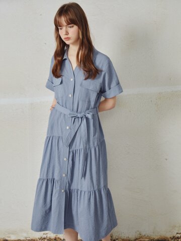 벨티드 셔링 플레어 원피스 